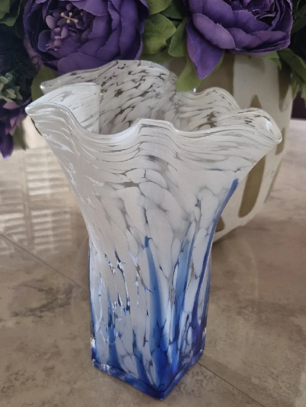 Neiman Marcus White and Blue Swirled Art Glass Vase
